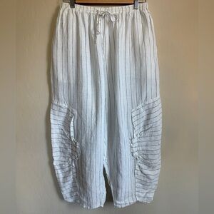 Cheyenne Linen Balloon Tapered Lagenlook White Striped Pants L XL